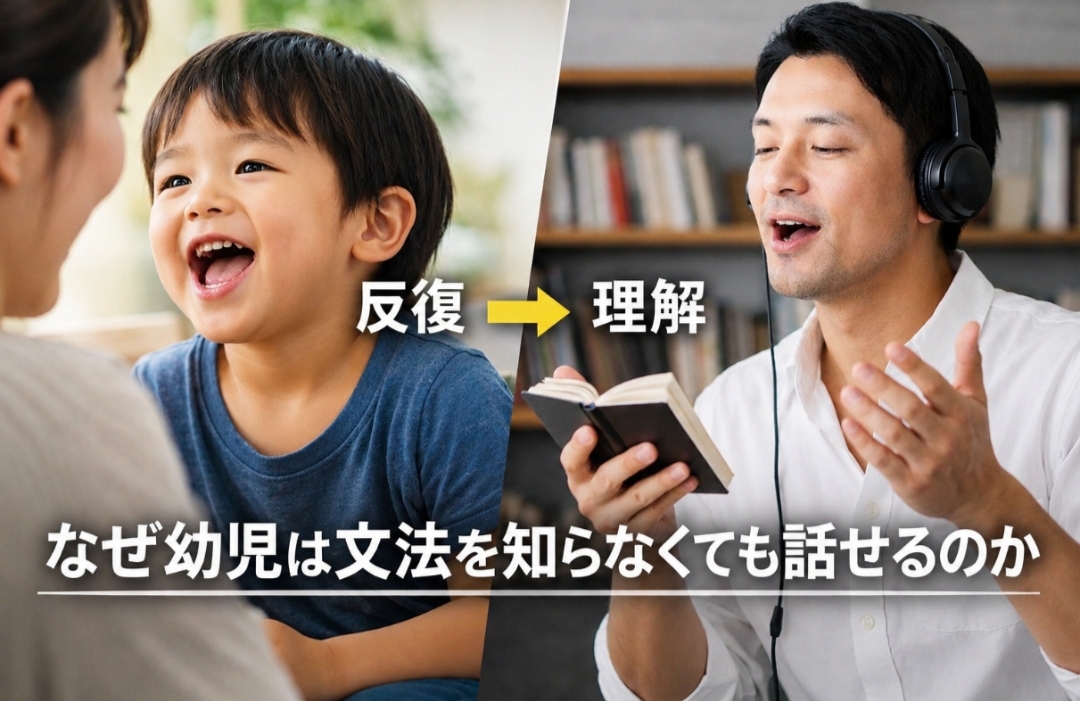 幼児の言語習得と大人の英語学習を対比した写真。幼児が母親の言葉を真似し、大人が英語を反復練習している。中央に『反復→理解』の矢印、下部に『なぜ幼児は文法を知らなくても話せるのか』のタイトル。