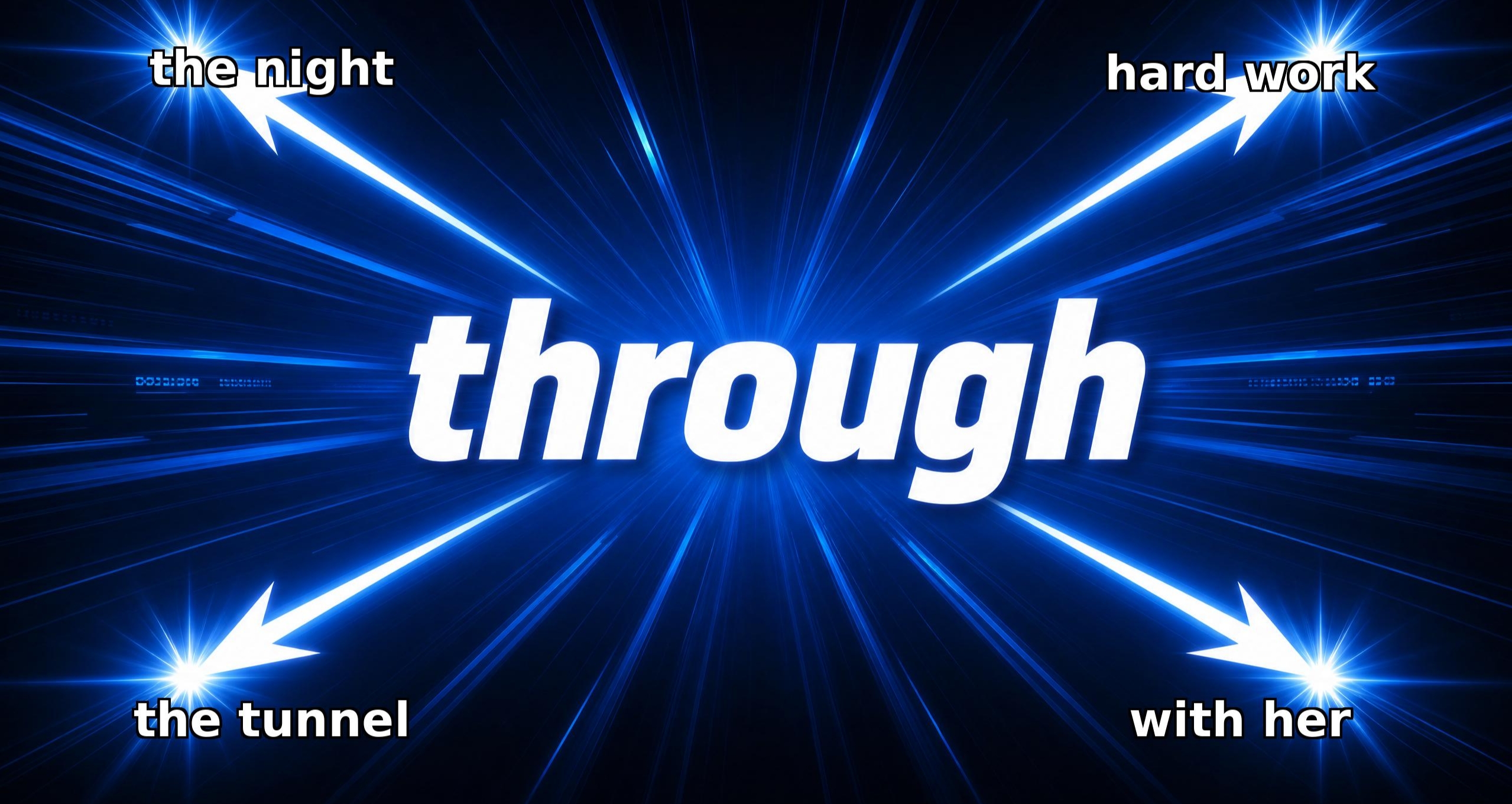 ​前置詞throughのコアイメージを中心に、矢印がthe tunnel、the night、hard work、with herの4つの用法へ伸びている解説画像