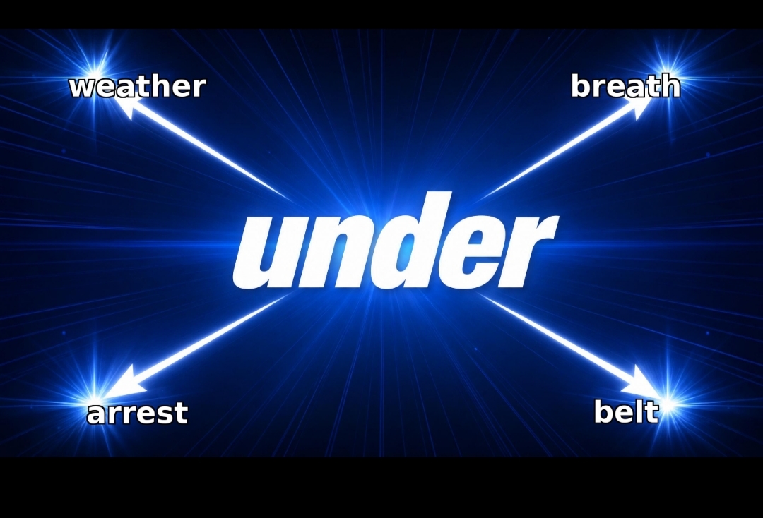​前置詞 under のコアイメージと weather, breath, arrest, belt への派生を表す英語学習ブログのアイキャッチ画像