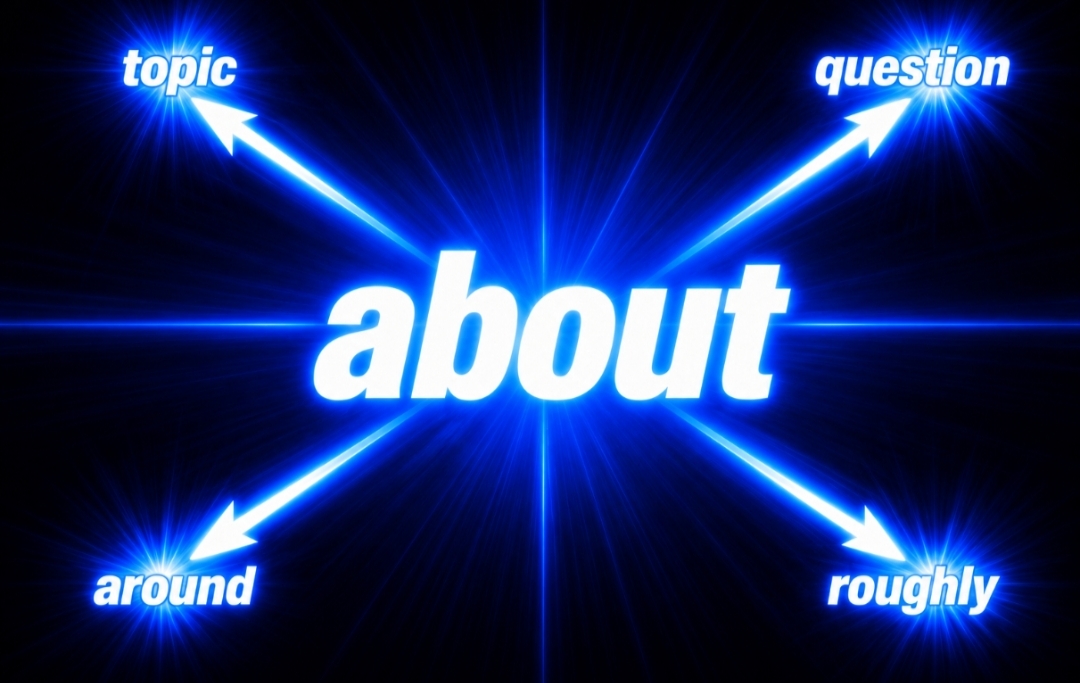前置詞 about のコアイメージを英語脳で図解。about を中心に「topic」「question」「around」「roughly」が放射状に広がるイメージ画像。