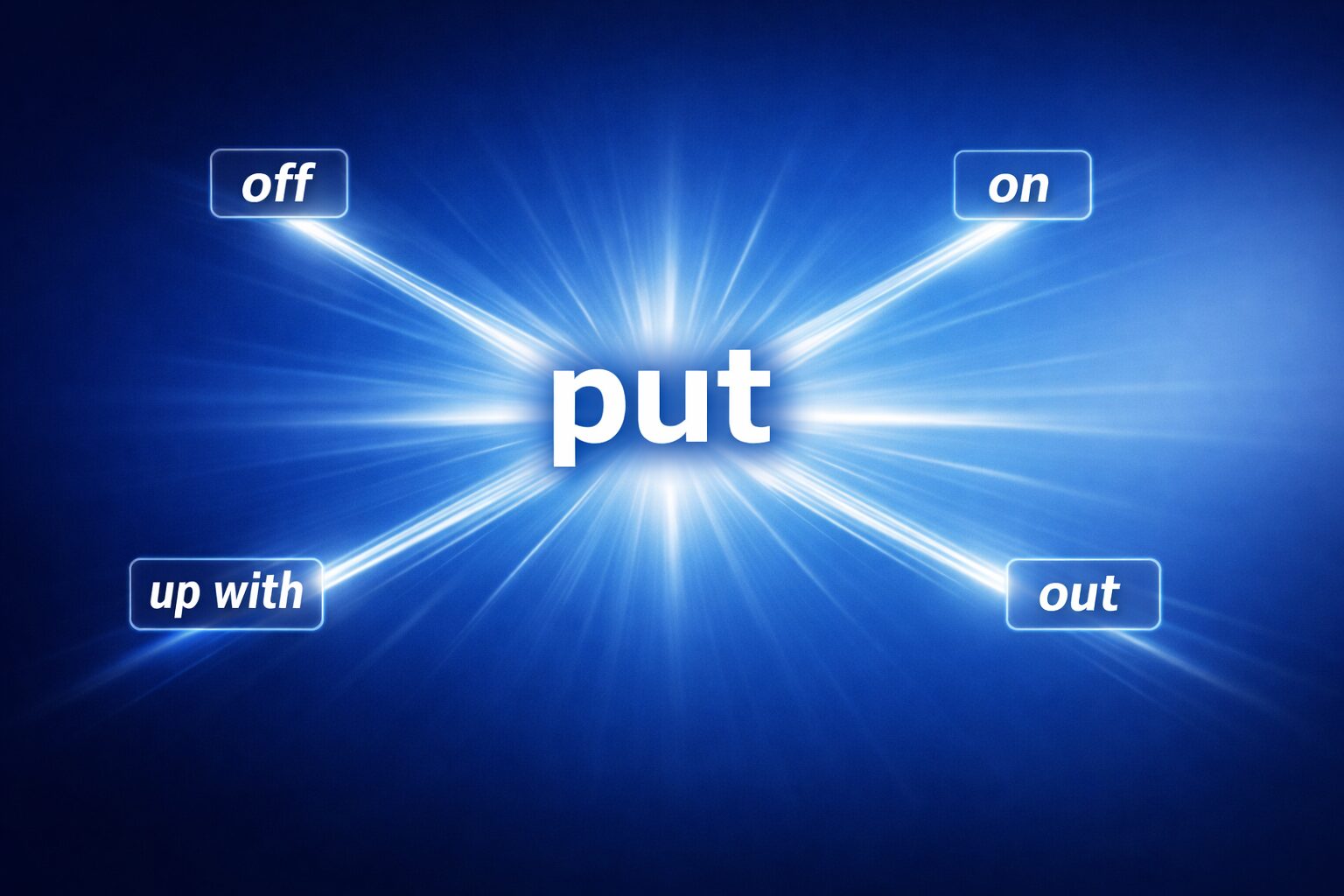 中心に大きくputと表示され、そこから光のラインが放射状に伸び、先端にon・off・out・up withのラベルが配置された青基調の抽象デザイン。putのコアイメージである“配置の動き”を視覚的に表現したアイキャッチ画像。