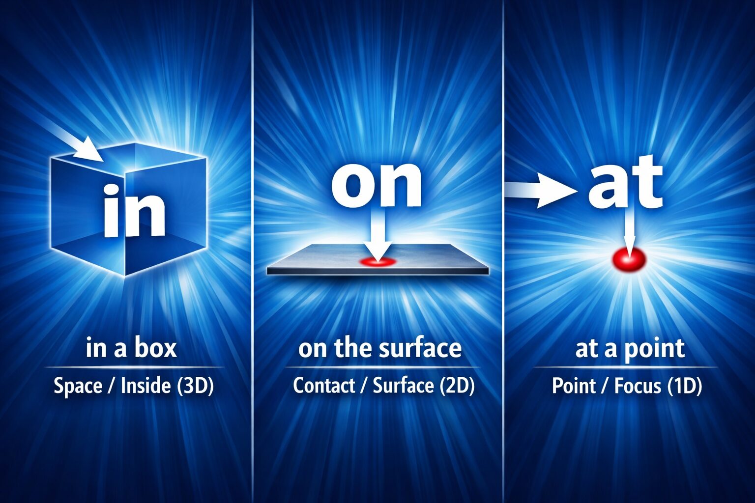 in・on・at の違いを示す比較図。in は立体空間の内部(3D)、on は表面への接触(2D)、at は一点への焦点(1D)として青い放射光背景に図解された英語脳シリーズのイメージ画像。