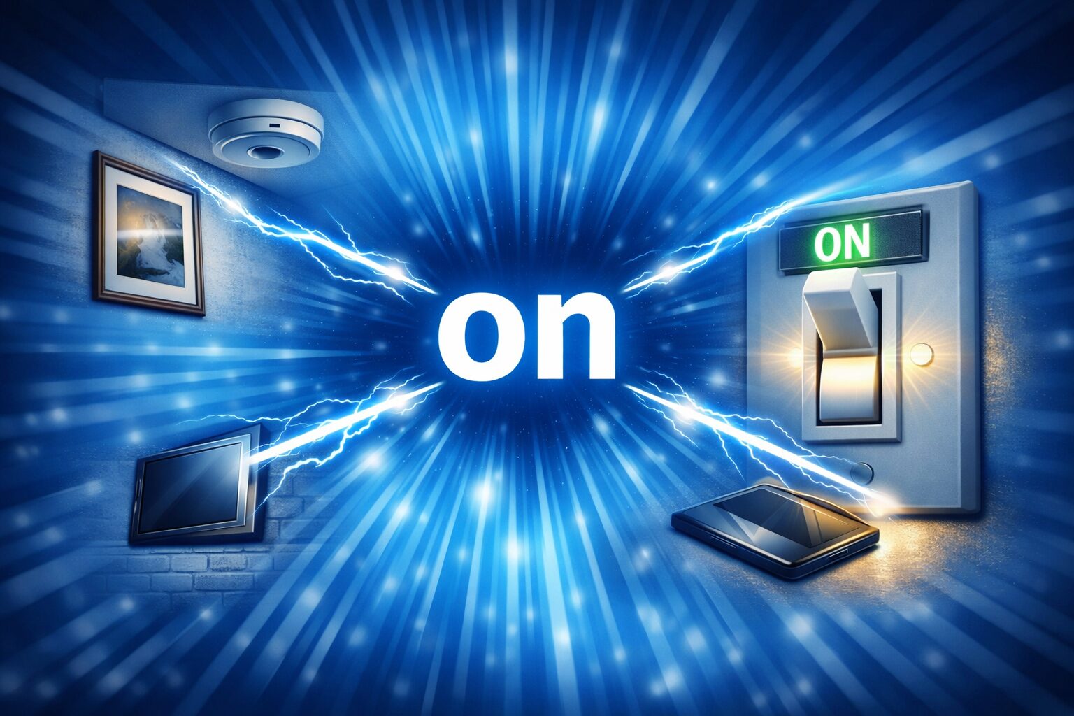青い放射光の中心に『on』が配置され、壁に貼られた額縁や天井の装置など“表面に接触している物”と、スイッチがONになって電流が流れ出す様子が電気的な光でつながっている。on の本質である『接続されて作動している状態』を視覚化した英語脳シリーズの図。
