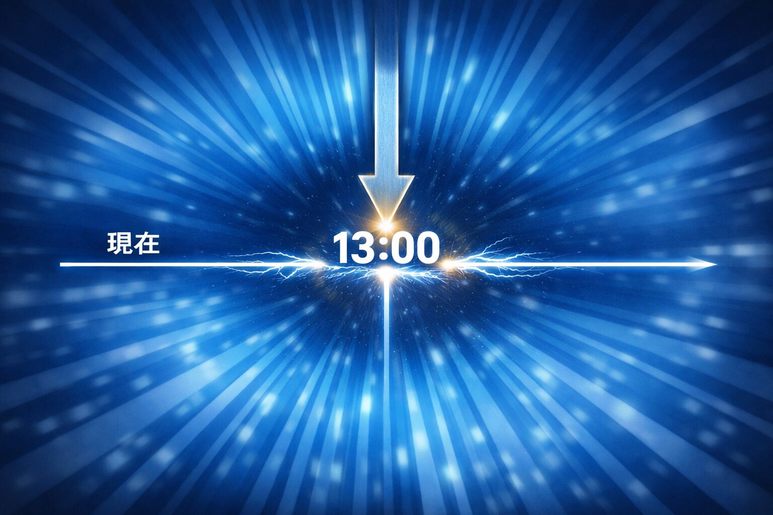 青い放射光の背景に横方向のタイムラインが描かれ、左端に『現在』、中央に『13:00』の縦線が立っている。その縦線の上に上から降りてきた矢印がピタッと接触し、光が走っている。前置詞 on が時間の一点に接触して作動する瞬間を視覚化した英語脳シリーズの図。