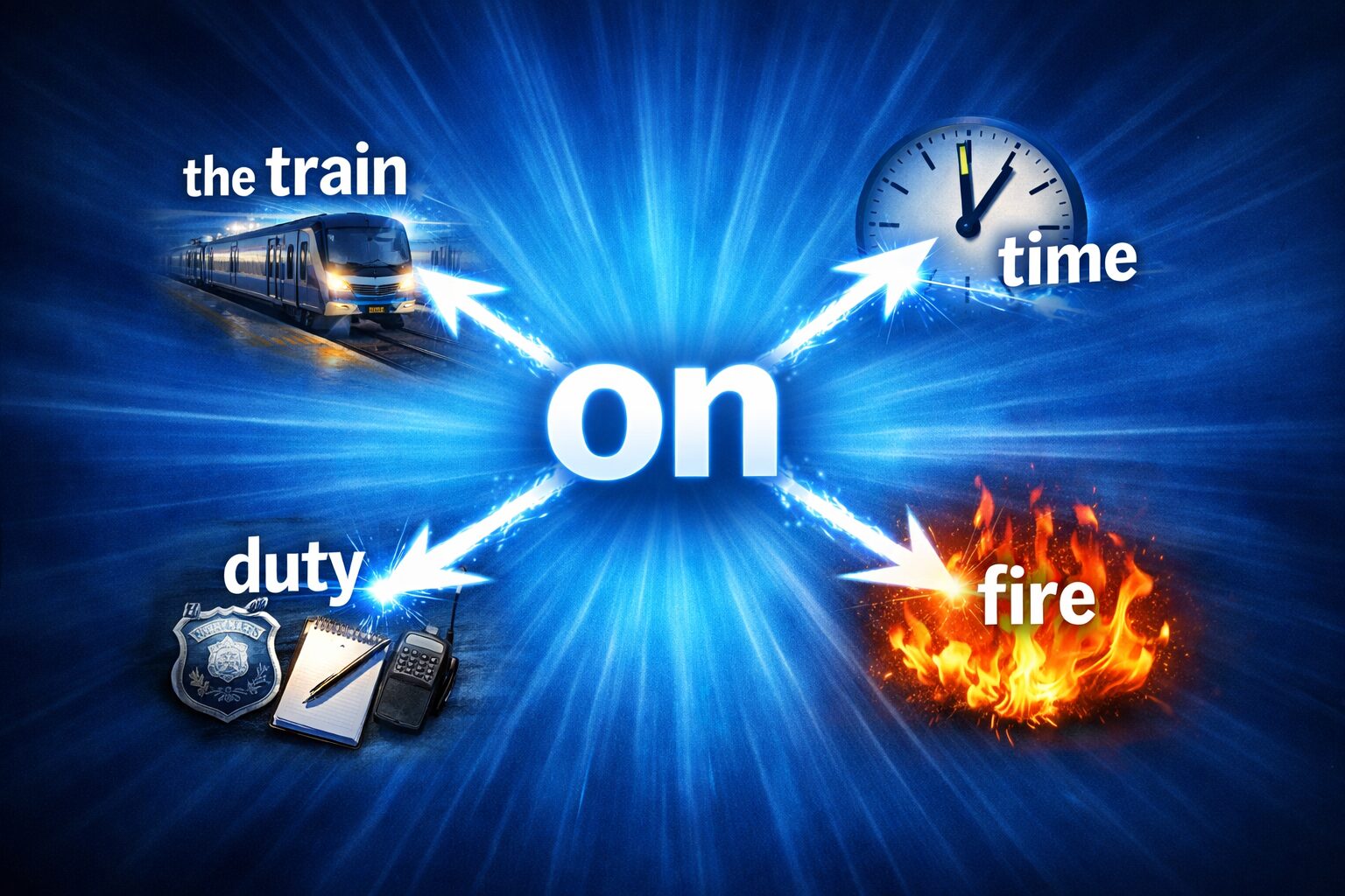 青い放射光の中心に『on』が配置され、四方に白い矢印が伸びて the train・time・duty・fire が放射状に並ぶ英語脳シリーズのアイキャッチ画像。on のコアイメージである『接触して作動している状態』を視覚化した図。
