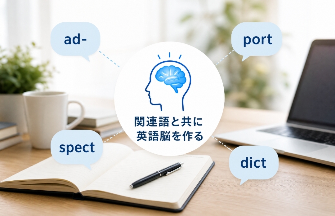 関連語と共に英語脳を作る」英単語記憶法のアイキャッチ画像（ad, port, spect, dictの語源図解）