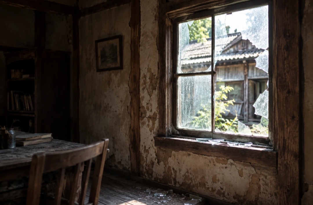 古い家の中の壊れた窓(a broken window in the old house)のフォトリアリスティックな画像