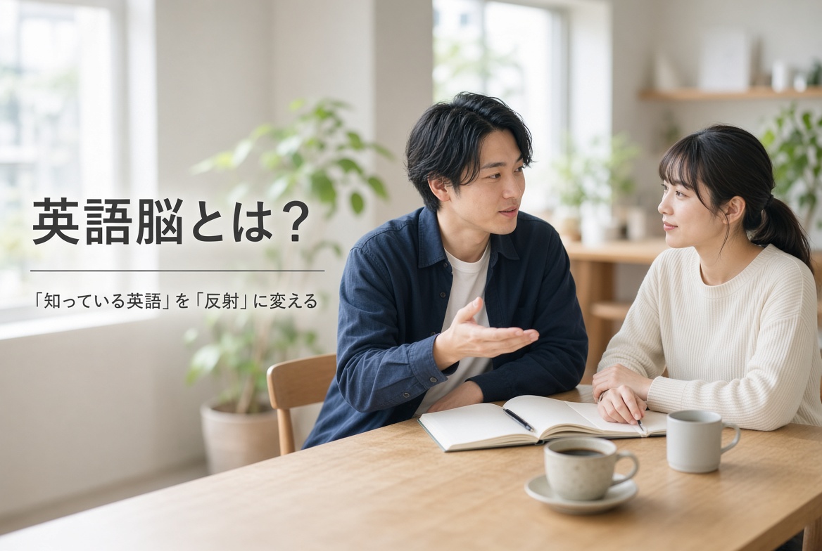 英語脳とは？ 知っている英語を反射に変える方法を説明する記事のアイキャッチ画像。若い男女がカフェで自然に会話している様子