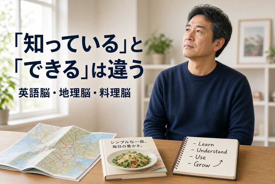 「知っている」と「できる」は違う｜英語脳・地理脳・料理脳を説明する記事のアイキャッチ。地図・料理本・ノートを前に考える男性