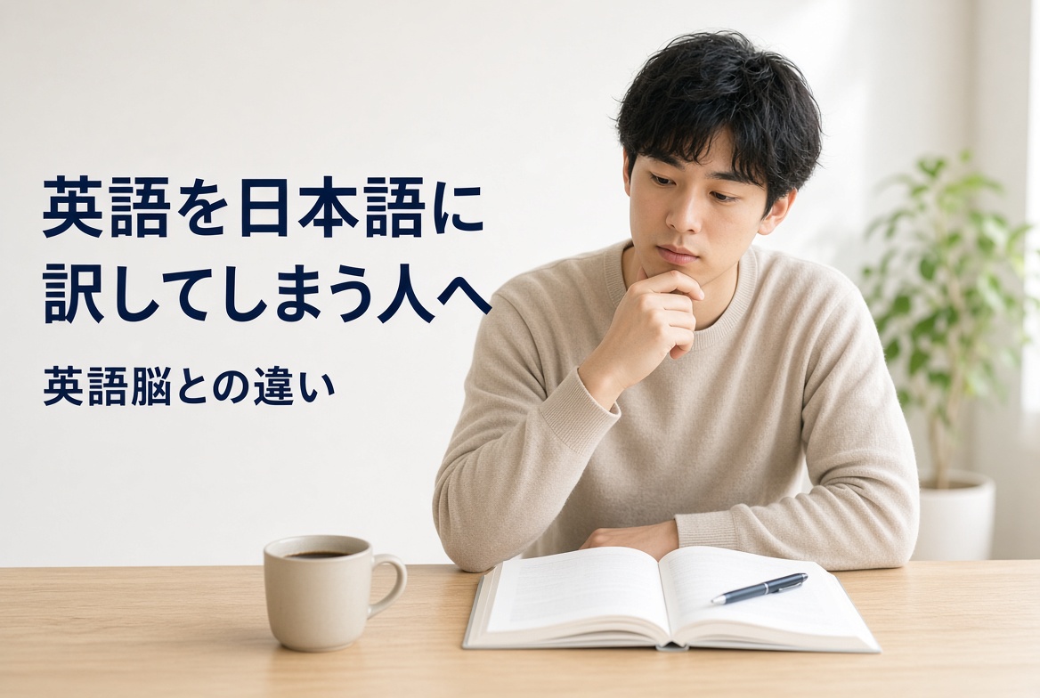 英語を日本語に訳してしまう人へ｜英語脳との違いを解説する記事のアイキャッチ。考え込む男性の写真